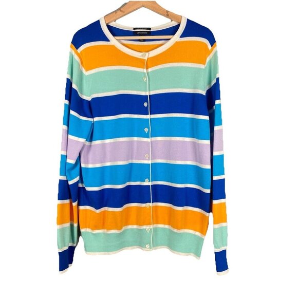Lands' End Cardigan Women’s Size L TALL Purple Orange Striped Button Up Cotton - Picture 1 of 10